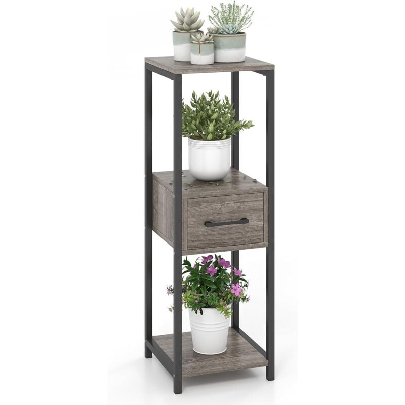 Support pour Plantes à 3 Niveaux, avec Tiroir, Dispositifs Anti-basculement, Cadre en Métal Robuste, Support de Pot de Fleurs Carré, pour Salon,