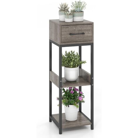 GOPLUS Support pour Plantes à 3 Niveaux, avec Tiroir, Dispositifs Anti-basculement, Cadre en Métal Robuste, Support de Pot de Fleurs Carré, pour Salon, Chambre, Balcon (Tiroir Supérieure)