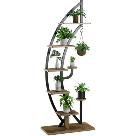 GOPLUS Support pour Plantes en Métal 6 Niveaux, étagère à Fleurs en Forme de Demi-lune avec Crochet, Dispositif Anti-Basculement, pour Balcon, Terrasse, Jardin, 60 x 30 x 155 CM