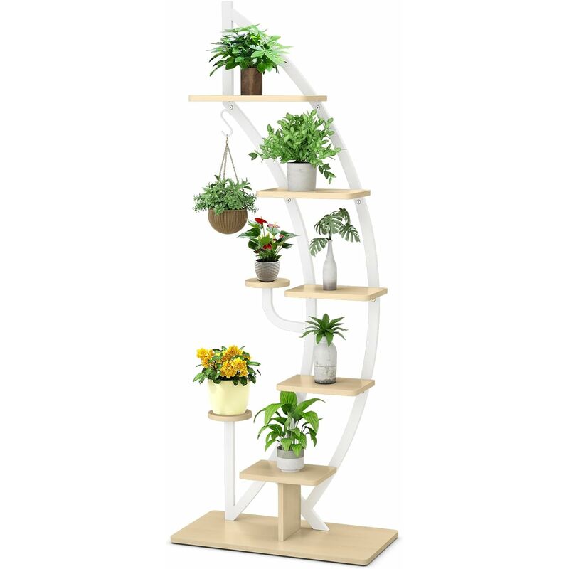 Support pour Plantes en Métal 7 Niveaux, étagère à Fleurs en Forme de Demi-lune avec Crochet, 60 x 30 x 155 CM,Blanc - Goplus