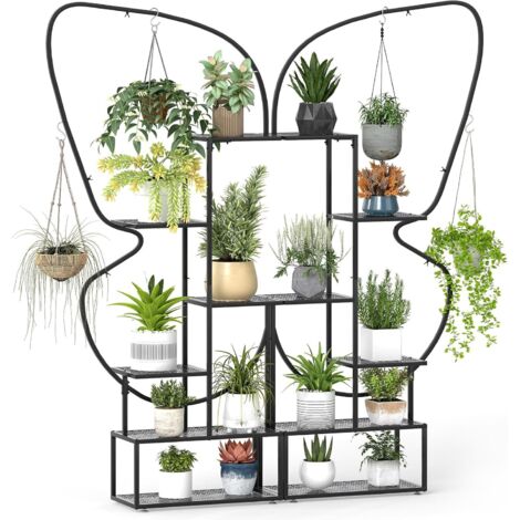 GOPLUS Support pour Plantes en Métal 7 Niveaux, Étagère à Fleurs en Forme de Demi-lune avec Crochet, Dispositif Anti-Basculement, pour Balcon, Terrasse, Intérieur (NoirPapillon)