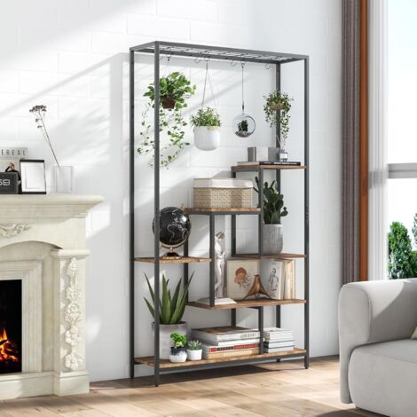 GOPLUS Support pour Plantes Intérieur à 6 Niveaux, présentoir pour pots de fleurs, 10 crochets de suspension, Étagère à Fleur en Bois et en Métal, Style Industriel, pour Balcon, Salon, 100x30x180cm