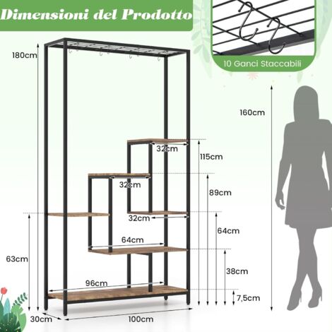 GOPLUS Supporto per Piante da Interno a 6 Piani, Alto 1,8 m e Grande Scaffale Espositivo in Metallo per Vasi da Bonsai con 10 Ganci Appendiabiti, Porta Piante per Vaso Multiple (Natuale