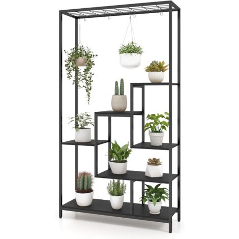 GOPLUS Supporto per Piante da Interno a 6 Piani, Alto 1,8 m e Grande Scaffale Espositivo in Metallo per Vasi da Bonsai con 10 Ganci Appendiabiti, Porta Piante per Vaso Multiple (Nero)
