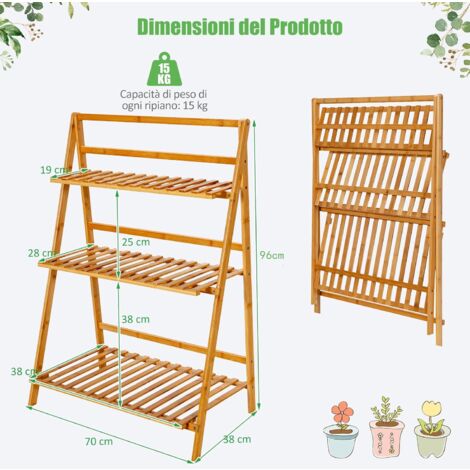 GOPLUS Supporto per Piante in Bambù Peghevole a 3 Livelli, Scaffale per Piante per Uso Interno ed Esterno, Scala per Piante per Soggiorno, Balcone, Giardino, Naturale