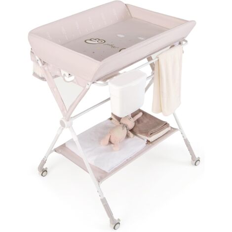 GOPLUS Table à Langer Bébé Pliante, Commode à Langer Réglable en 3 Hauteurs avec Roues Verrouillables, Poubelle, Panier de Rangement, Étagère, Ceinture de Sécurité, pour 0-12 Mois (Beige)