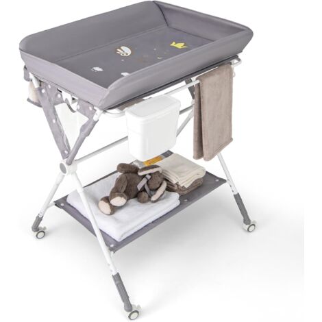 GOPLUS Table à Langer Bébé Pliante, Commode à Langer Réglable en 3 Hauteurs avec Roues Verrouillables, Poubelle, Panier de Rangement, Étagère, Ceinture de Sécurité, pour 0-12 Mois (Gris)