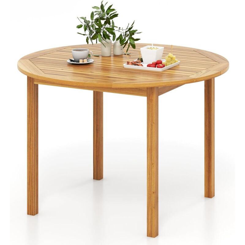Goplus - Table à Manger Ronde en Bois d'Acacia, Grande Table de Cuisine pour 4 Personnes avec Plateau à Lattes, Table Ronde Classique