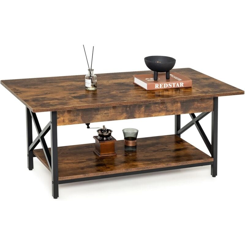 Goplus - Table Basse à 2 Niveaux de Style Industriel avec Pieds Réglables, 110 x 60 x 48 cm, Rectangulaire avec Cadre Métallique, Table d'Appoint