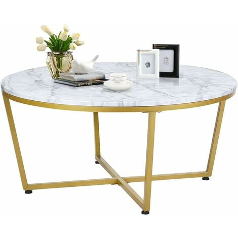 GOPLUS Table Basse Ø 90 cm, Table d'appoint avec Aspect Marbre & Structure métallique Dorée, Table de Salon Ronde avec Base en X, Stable et Moderne 90x 42 cm