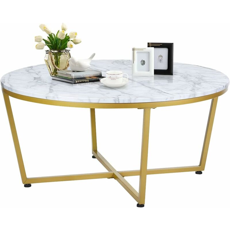 Table Basse ø 90 cm, Table d'appoint avec Aspect Marbre & Structure métallique Dorée, Table de Salon Ronde avec Base en x, Stable et Moderne 90x 42