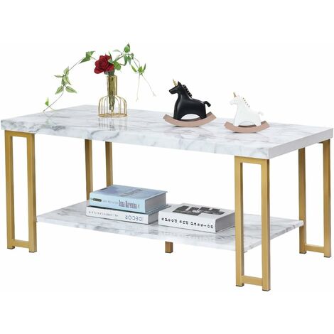GOPLUS Table Basse à 2 Niveaux avec Pieds en Fer, Table Basse Moderne avec Motifs en Marbre et Coussinets Antidérapants, Table de Rangement Solide, pour Salon, Bureau, 100X50X45CM