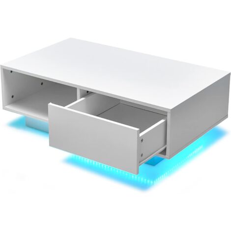 GOPLUS Table Basse avec 20 Lumières LED Couleurs et Télécommande, 1 Tiroir et 1 Compartiment Ouverte, pour Salon, Salle de Réception, Blanc 95x55x31CM Blanc