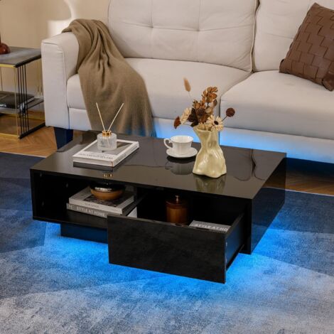 GOPLUS Table Basse avec 20 Lumières LED Couleurs et Télécommande, 1 Tiroir et 1 Compartiment Ouverte, pour Salon, Salle de Réception, Blanc 95x55x31CM Noir