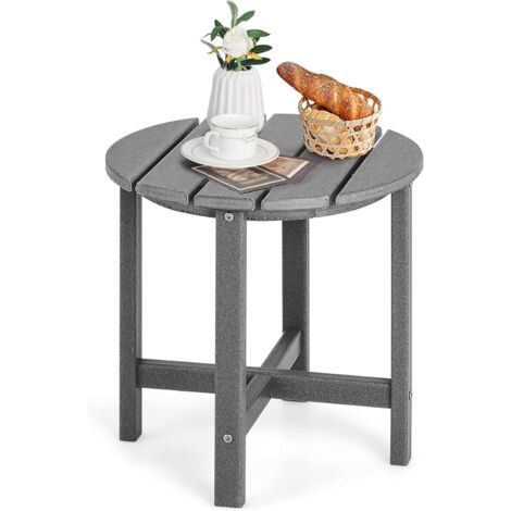 GOPLUS Table Basse de Jardin en HDPE Charge 100KG-Plateau en Lattes Taille Compacte Ronde 46x46x46CM Gris