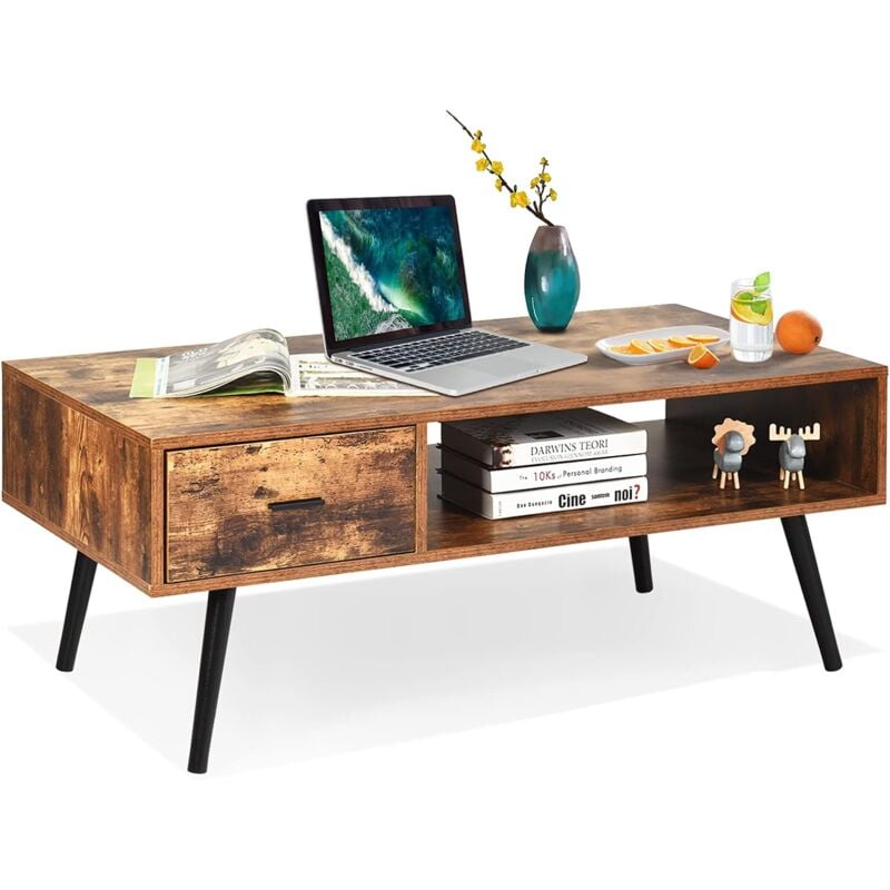 Goplus - Table Basse de Salon Carree avec Tiroir,Pieds en Bois Massif,Table d'Appoint a Cafe pour Cuisine Chambre Salon, Style Vintage