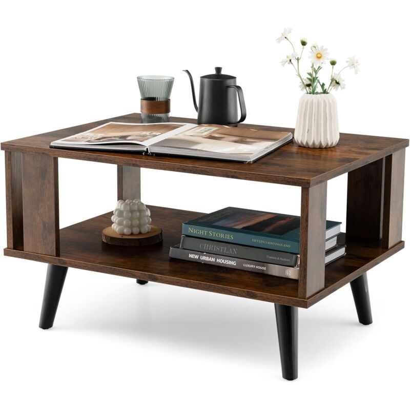 GOPLUS Table Basse en Bois 2 Niveaux-70P x 50l x 41H cm-avec Pieds de Soutien-Rectangulaire-Style Moderne-‎Naturel