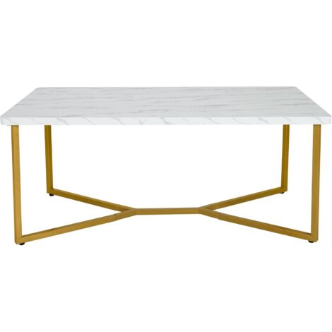 GOPLUS Table Basse en Marbré 107x60x45cm Charge 75KG-Cadre en Métal en Forme de X-Blanc+Or