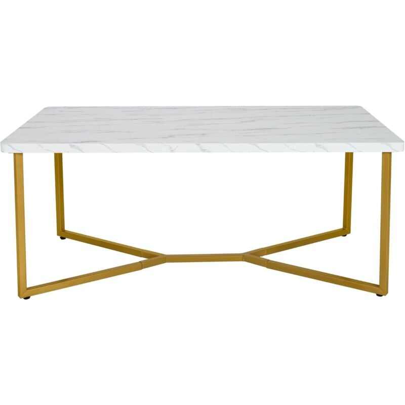 Table Basse en Marbré 107x60x45cm Charge 75KG-Cadre en Métal en Forme de X-Blanc+Or - Goplus