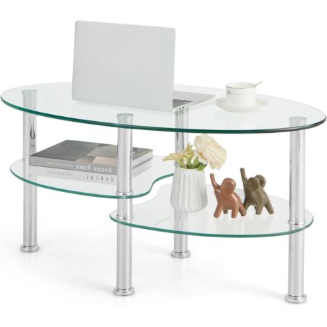 GOPLUS Table Basse en Verre Trempé à 3 Niveaux, Ovale, pour Le Salon, Bureau, Hôtel, Cadre Robuste en Métal et Pieds Antidérapants 89,5 x 50 x 45 CM