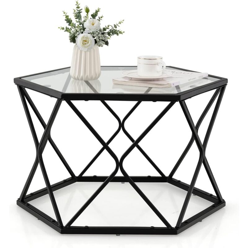 Goplus - Table Basse Hexagonale-56Px 65l x 40Hcm-Cadre en Fer et Plateau en Verre Trempé-Table d'Appoint en Verre avec 6 Ventouses