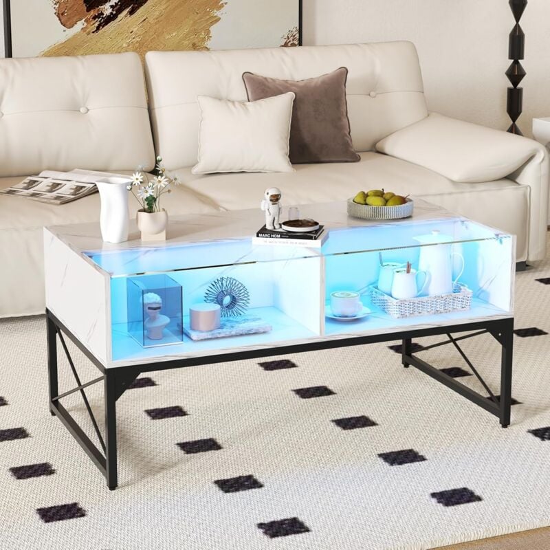 Goplus - Table Basse Laquée Marbre Verre, Table Basse Salon led Lumières avec Télécommande 20 Couleurs Réglables 4 Cubes, Plateau en Faux Marbre et