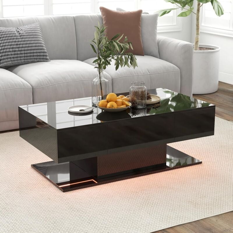 Goplus - Table Basse led Moderne, Table Basse Laquée Salon Rectangulaire à 2 Niveaux avec 2 Tiroirs de Rangement, 20 Couleurs de led, Télécommande,
