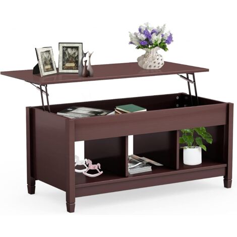 GOPLUS Table Basse Moderne, Table Basse de Salon a Plateau Relevable a Bar a Gaz, Table Basse Transformable avec Compartiment Cache et Espace de Stockage Triplet (Marron, Bar a Gaz)