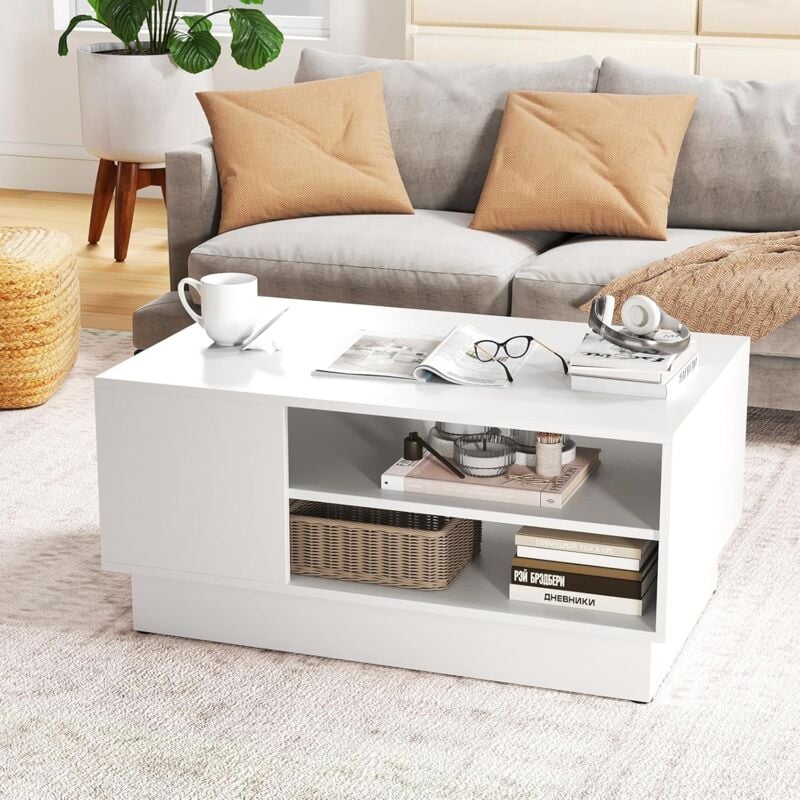 Goplus - Table Basse Rectangulaire 86x56x41CM avec Etagères de Rangement Ouvertes,Base Encastrée-Charge du Plateau 60KG-Blanc