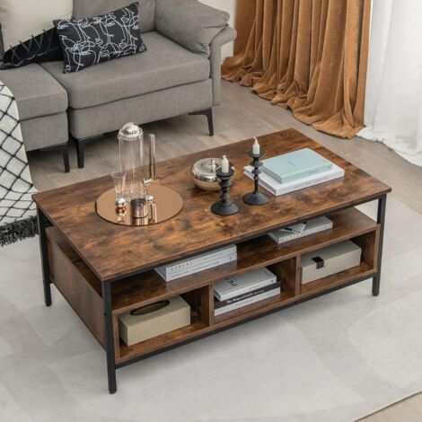 Goplus – Table basse rectangulaire industrielle 3 niveaux – Plateau large en MDF – 6 compartiments de rangement – Charge 135 kg – 110 x 60 x 45 cm – Marron rustique