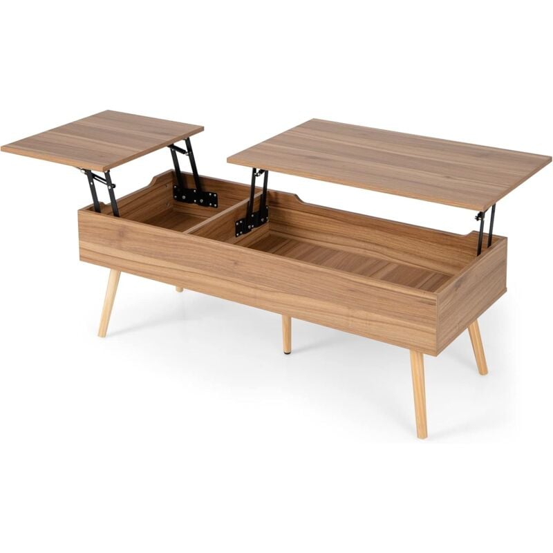 Goplus - Table Basse Relevable-145x74,5x57cm-2 Plateaux Relevables Séparés-2 Compartiments Cachés-5 Pieds en Bois Solide- Style Moderne-Noyer