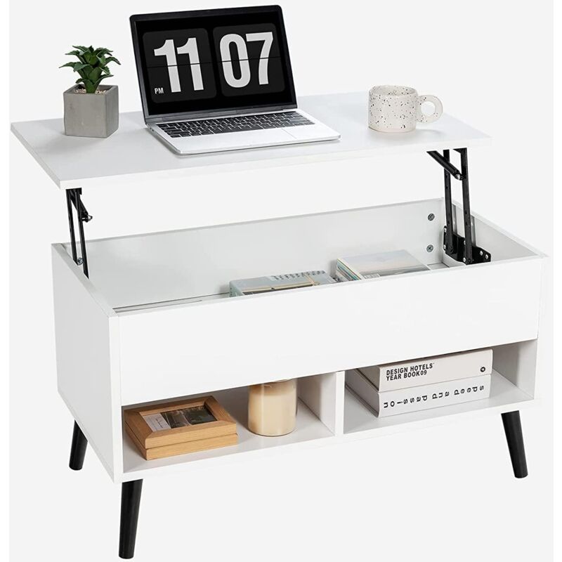 Goplus - Table Basse Relevable à Gaz avec 1 Plateau, 80Lx40l cm,, Table Basse Rectangulaire avec 3 Compartiment, Style Modern, Blanc