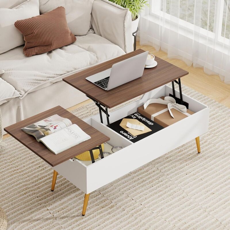 GOPLUS Table Basse Relevable avec Rangement, Table de Salon Plateau Relevable avec Compartiments Cachés et 2 Plateaux Relevables, pour Bureau,111 x