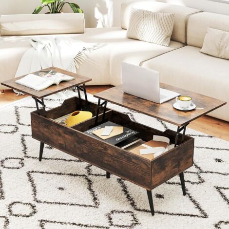 GOPLUS Table Basse Relevable avec Rangement, Table de Salon Plateau Relevable avec Compartiments Cachés et 2 Plateaux Relevables, pour Bureau,111 x 48 x 40-53,5 cm (Marron)