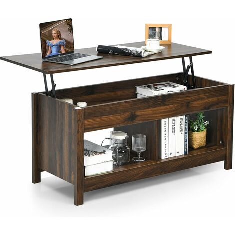 GOPLUS Table Basse Relevable Moderne, Table Basse de Salon a Plateau Relevable, Table Basse Transformable avec Compartiment Cache et Espace de Stockage Triplet/Double (2 Bacs, Industriel)