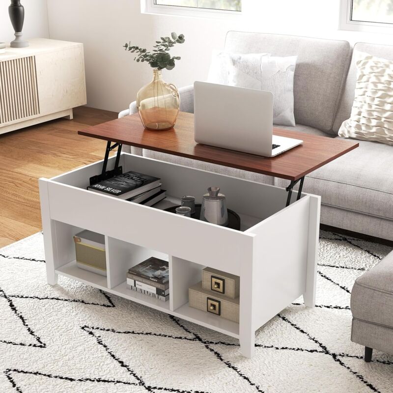 Table Basse Relevable Moderne, Table Basse de Salon a Plateau Relevable, Table Basse Transformable avec Compartiment Cache et Espace de Stockage