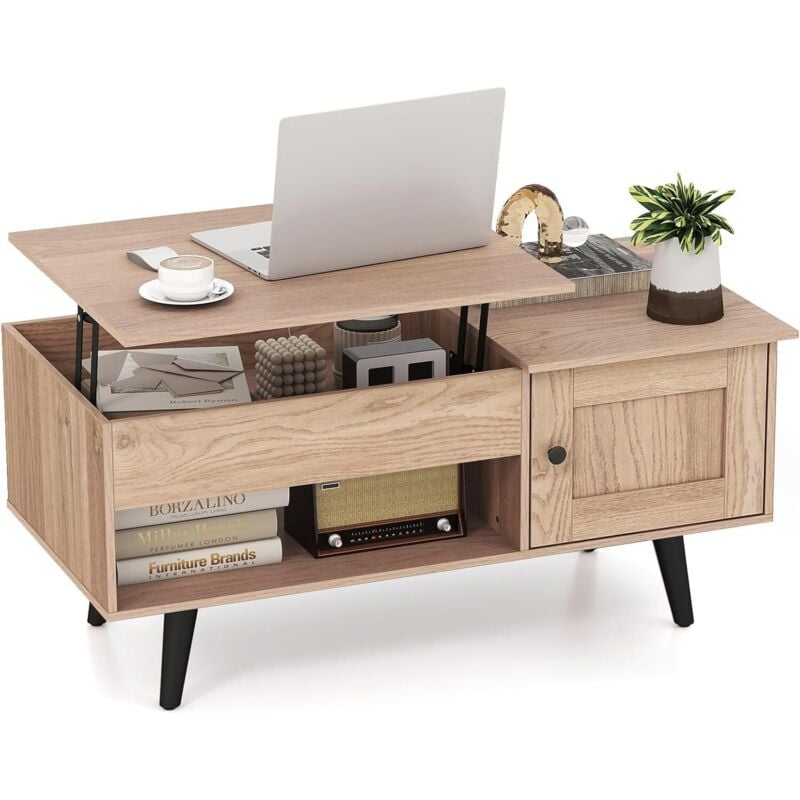 Goplus - Table Basse Relevable, Table Basse Plateau Relevable, Rangement Caché et Etagère Ouverte, pour Salon, Bureau, Chambre, Charge 170KG,100 x 50