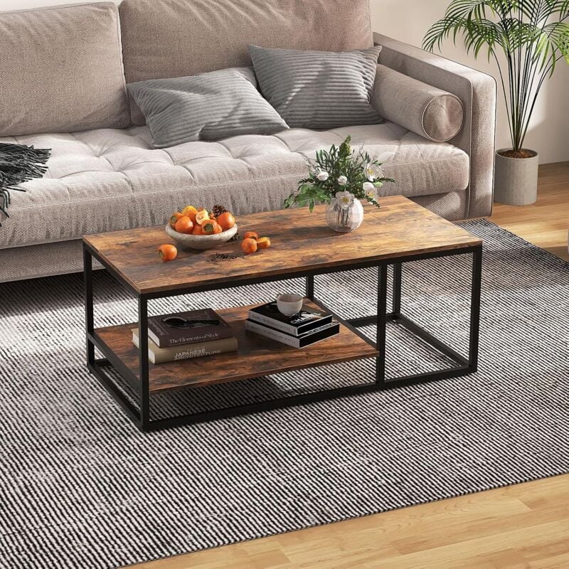 Goplus - Table Basse Salon 2 Niveaux avec Étagère de Rangement, Tablle Basse Bois Industriel Cadre en Métal, Charge 90+20 kg 105 x 50 x 42,5 cm