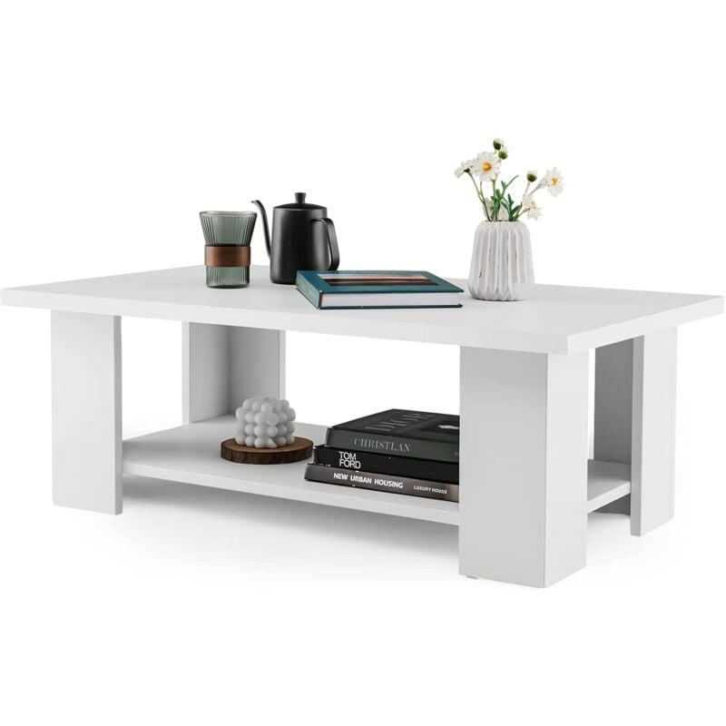 Goplus - Table Basse Salon à 2 Niveaux avec Grand Plateau 90x 52CM, Table Basse Rectangulaire Moderne mdf 95KG, étagère 30KG,32CM(H)