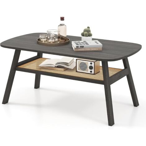 GOPLUS Table Basse Salon Rectangulaire à 2 Niveaux avec Plateau en Rotin et Pieds en Hévéa, Table de Salon Boisavec Rangement Style Française, 100 x 55 x 44,5 cm, Charge 100+20 KG, Gris Foncé