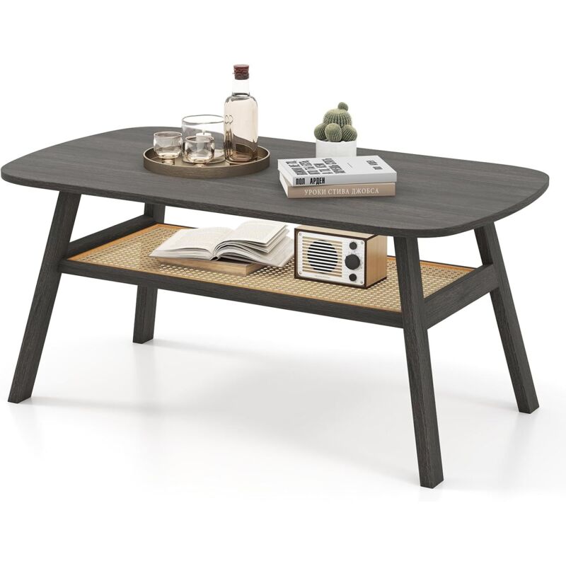 GOPLUS Table Basse Salon Rectangulaire à 2 Niveaux avec Plateau en Rotin et Pieds en Hévéa, Table de Salon Boisavec Rangement Style Française, 100 x