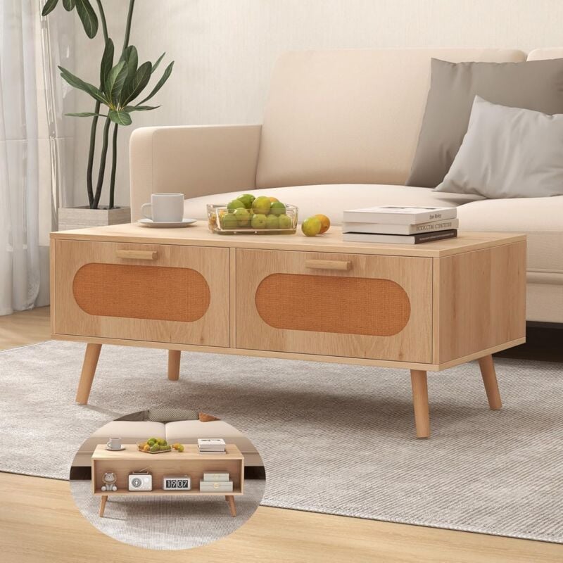 Goplus - Table BasseRectangulaire 100x50x41CM avec 2 Tiroirs avec Portes en Rotin et un Espace Supplémentaire Derrière Naturel