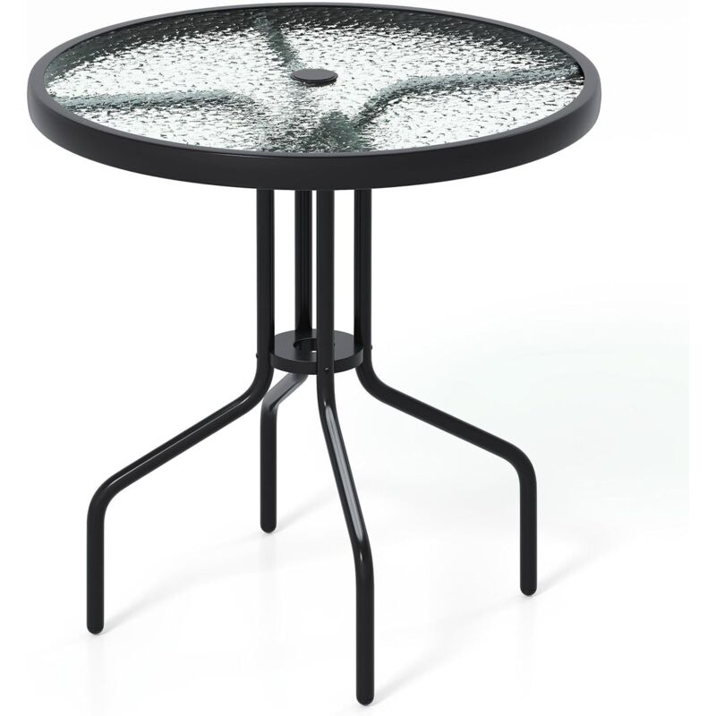 GOPLUS Table Bistrot d’Exterieur, Table à Manger Ronde de 70 cm avec Plateau en Verre Trempé et Trou pour Parasol de 4 cm, Structure en Métal