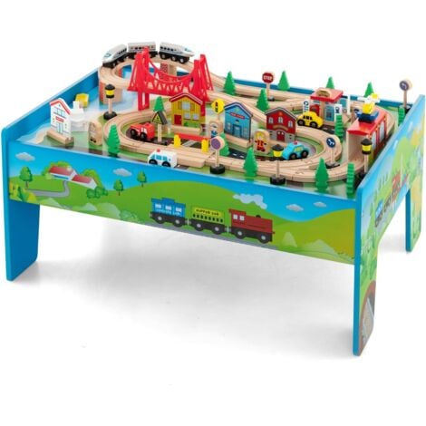 GOPLUS Table Circuit de Train Enfant, Rail de Train Bois 80 Pcs avec Rails, Jouet d'Activités pour Garçons et Filles 3 Ans+, Acessoire Complets Vert