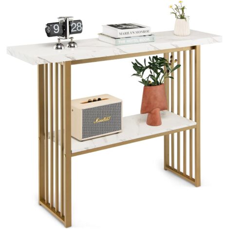 Goplus – Table console 2 niveaux – Cadre métallique – Plateau en faux marbre – Dimensions 120x29,5x92,5cm – Charge 70kg – Protection antidérapante