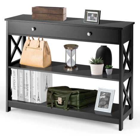 Goplus – Table console 3 niveaux avec 2 étagères et tiroir – Structure en X pour stabilité – Bois aggloméré anti-chocs – Dimensions 99,8 x 29,8 x 80,2 cm