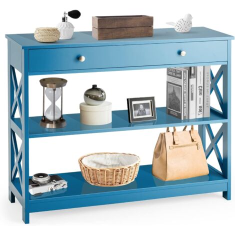 GOPLUS Table Console 3 Niveaux Design et Moderne, Table d’appoint avec 2 étagère et Tiroirs 2 Croix (Tiroir, Bleu)
