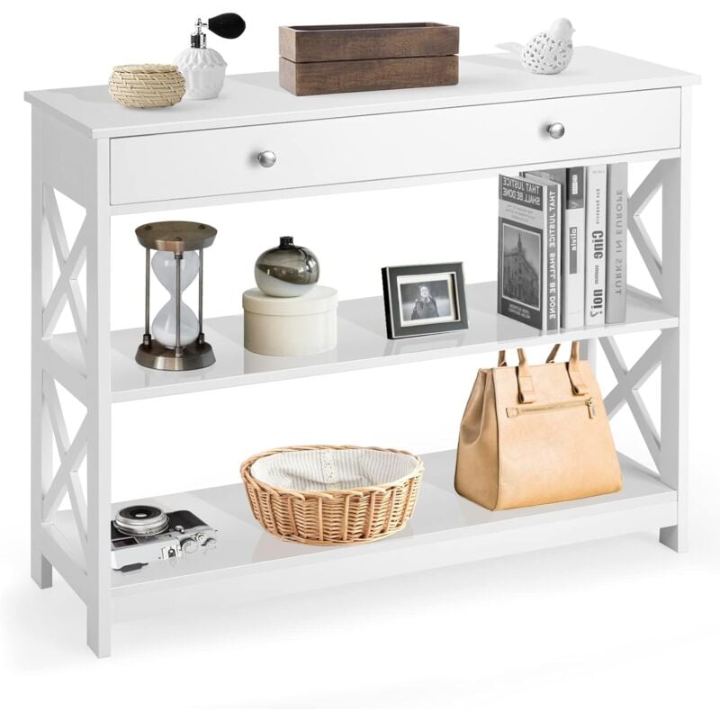 GOPLUS Table Console 3 Niveaux Design et Moderne, Table d’appoint avec 2 Etagere et Tiroirs, Blanc