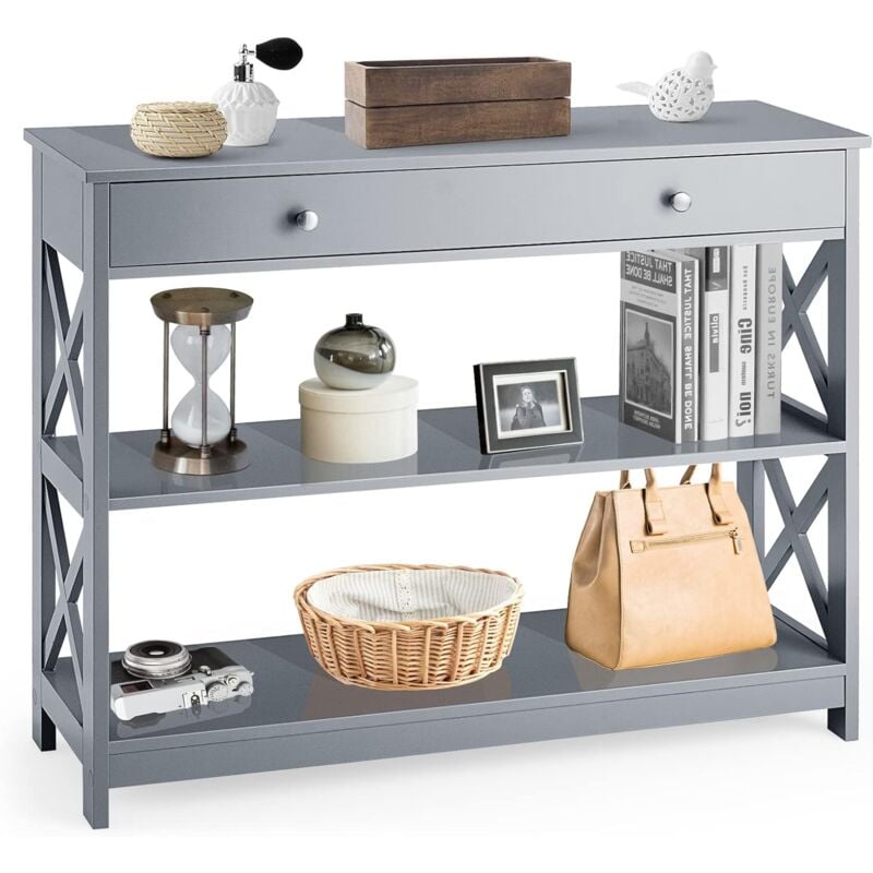 Table Console 3 Niveaux Design et Moderne, Table d'appoint avec 2 Etagere et Tiroirs, Gris - Goplus