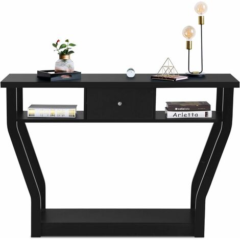 Goplus – Table console en MDF noir 120 x 30 x 81 cm – Anti-bascule avec tiroir et 3 étagères – Charge max 50 kg – Base stable et durable